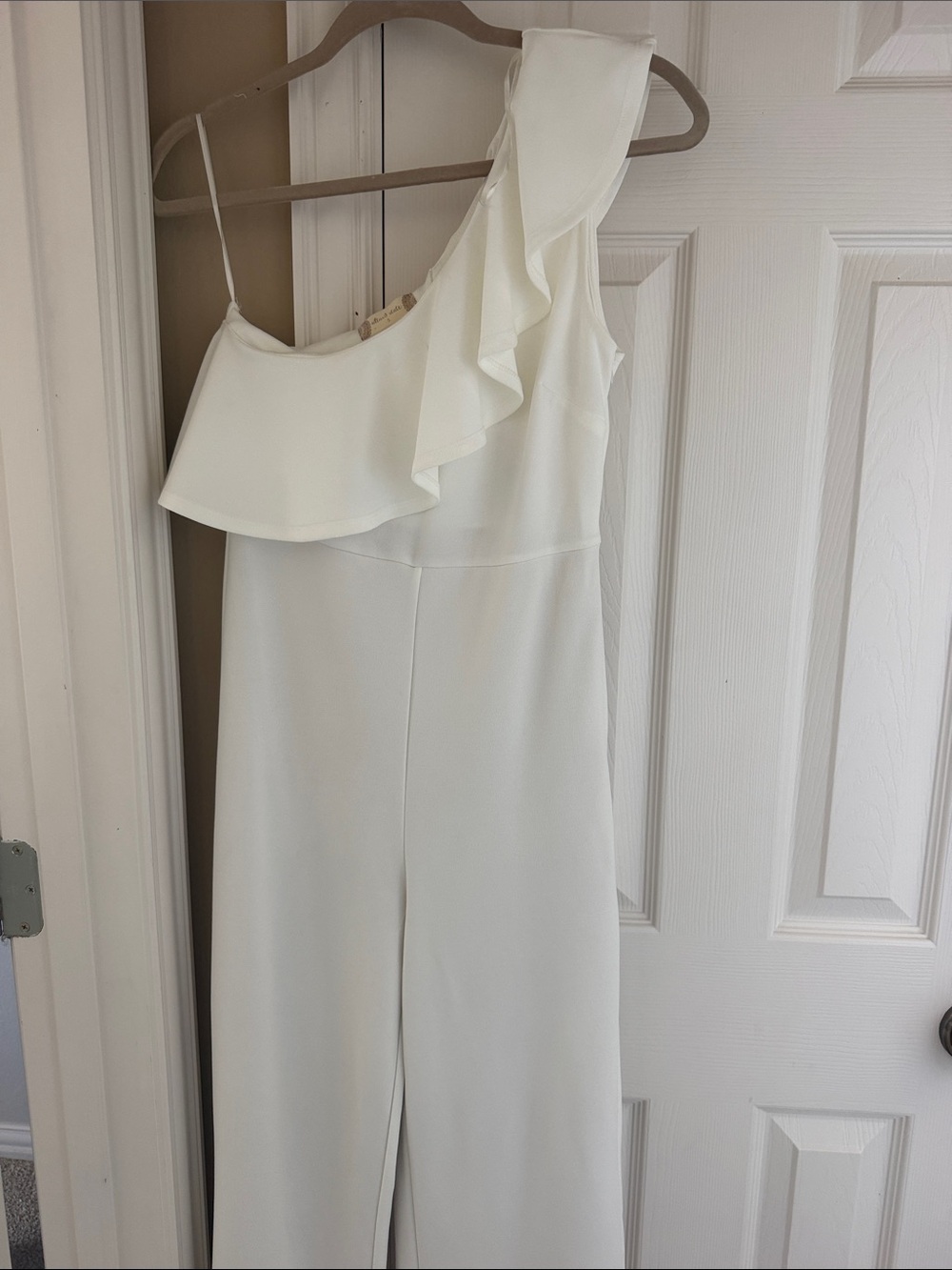 Altar'd State Ivory One-Shoulder Ruffle Jumpsuit